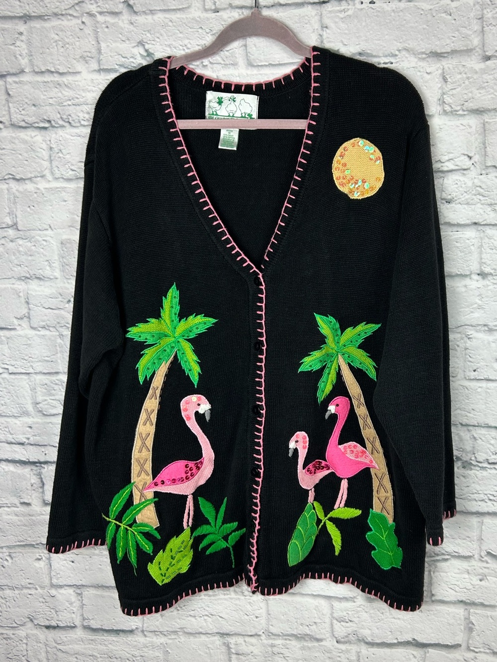 The Quacker Factory Cardigan 1X Flamingo Palm Tree Embellished Black Sweater
